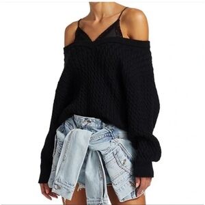 ALEXANDER WANG BI-LAYER V NECK CABLE PULLOVER WITH SATIN CAMISOLE